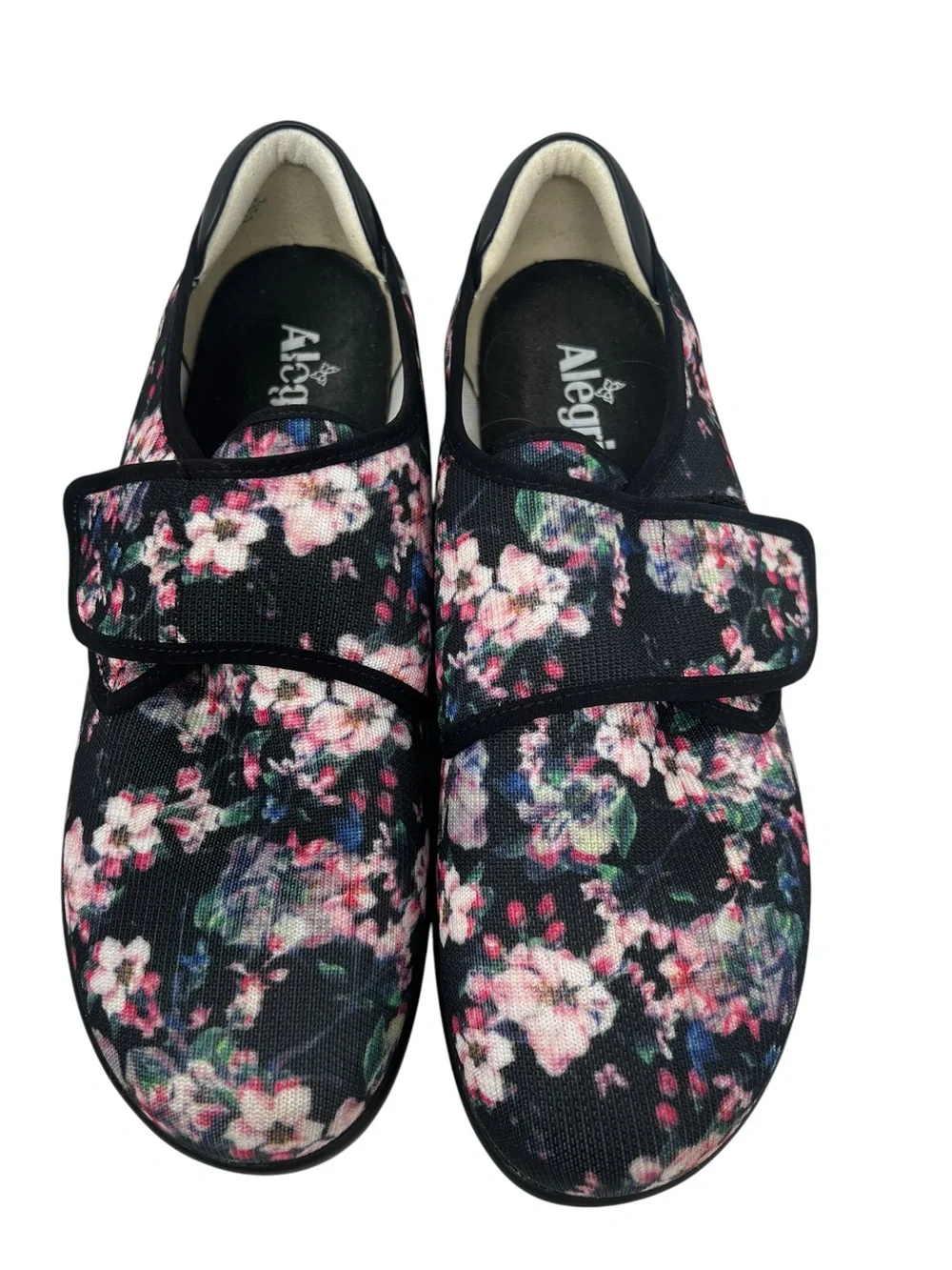Alegria Floral Mary Jane Flats in Black with Pink Accents